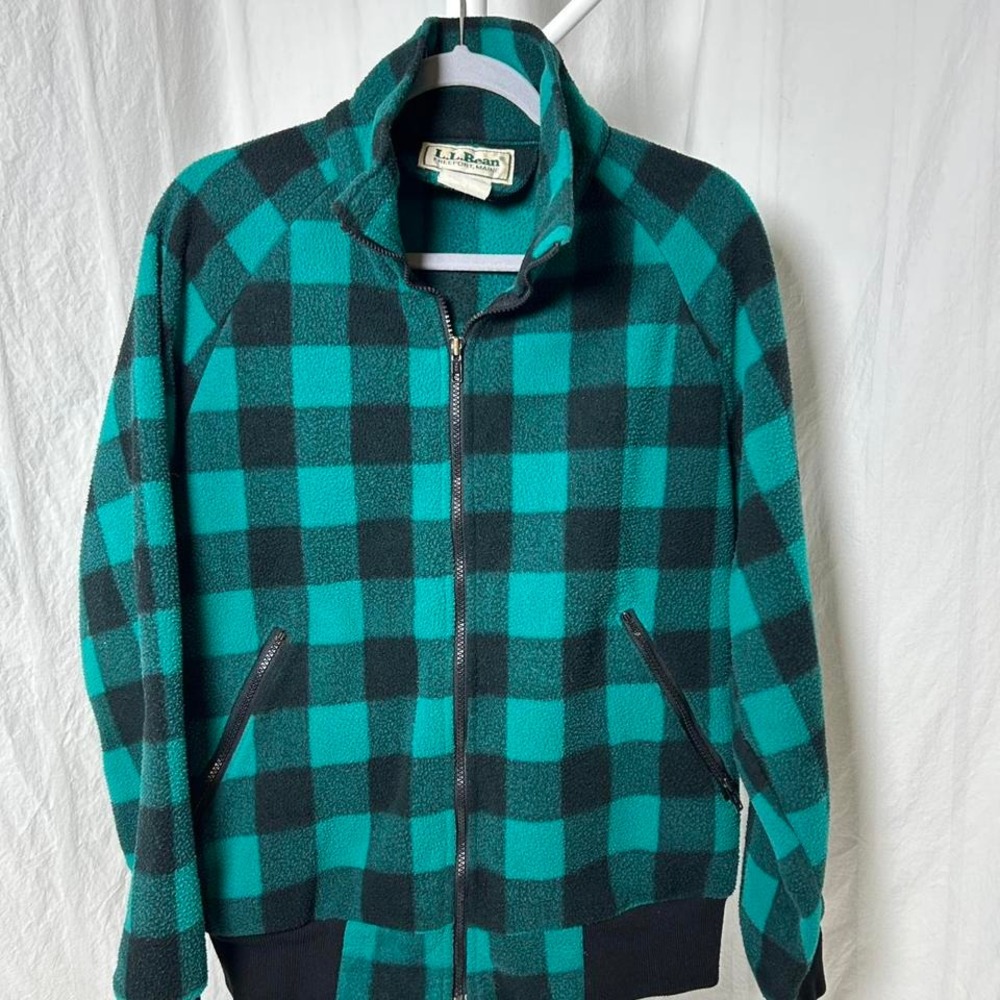 Vintage LL BEAN Blue Buffalo Plaid‎ Fleece Jacket Mens Medium Rare